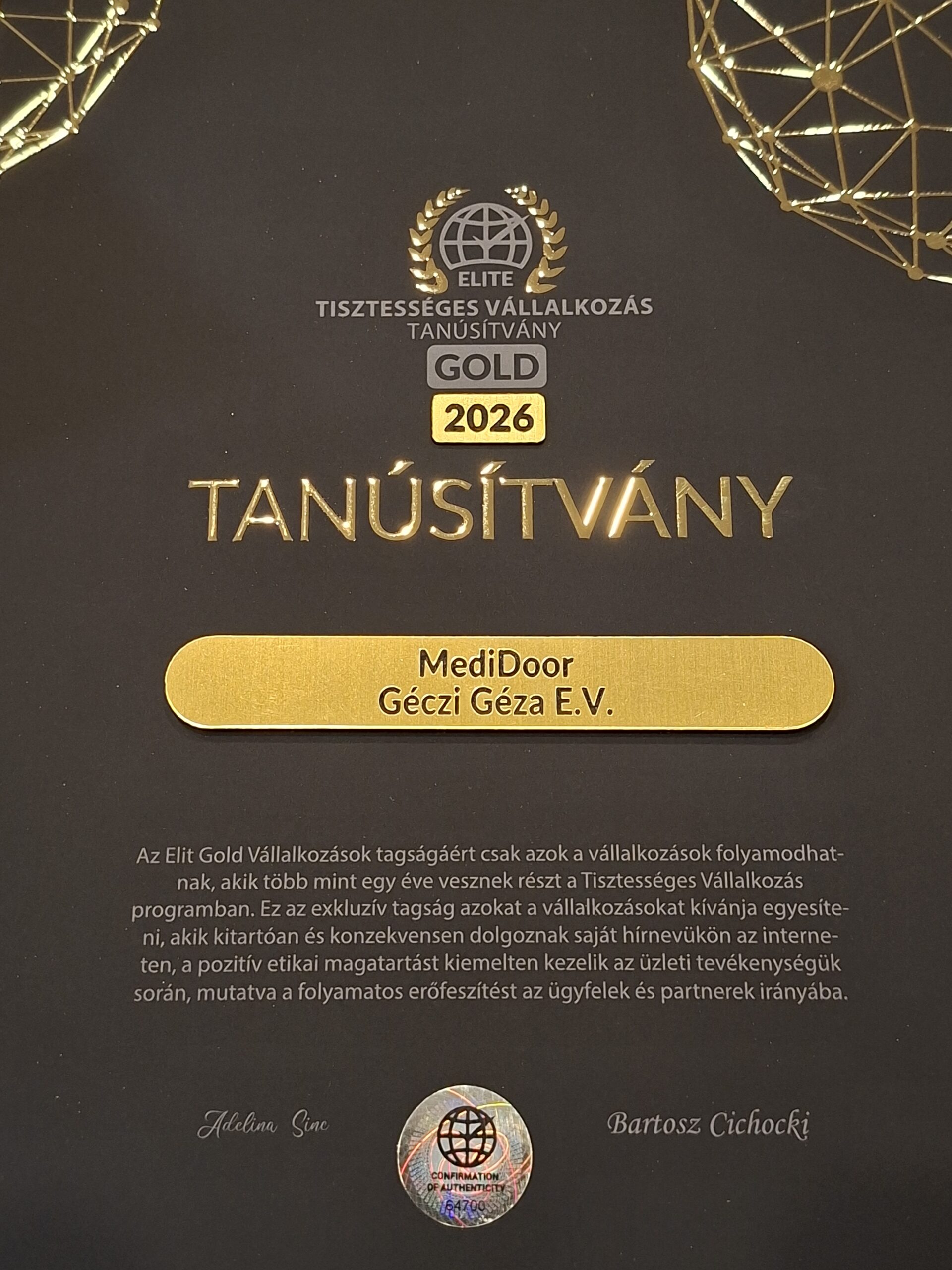 MediDoor 2026 Tanúsítvány